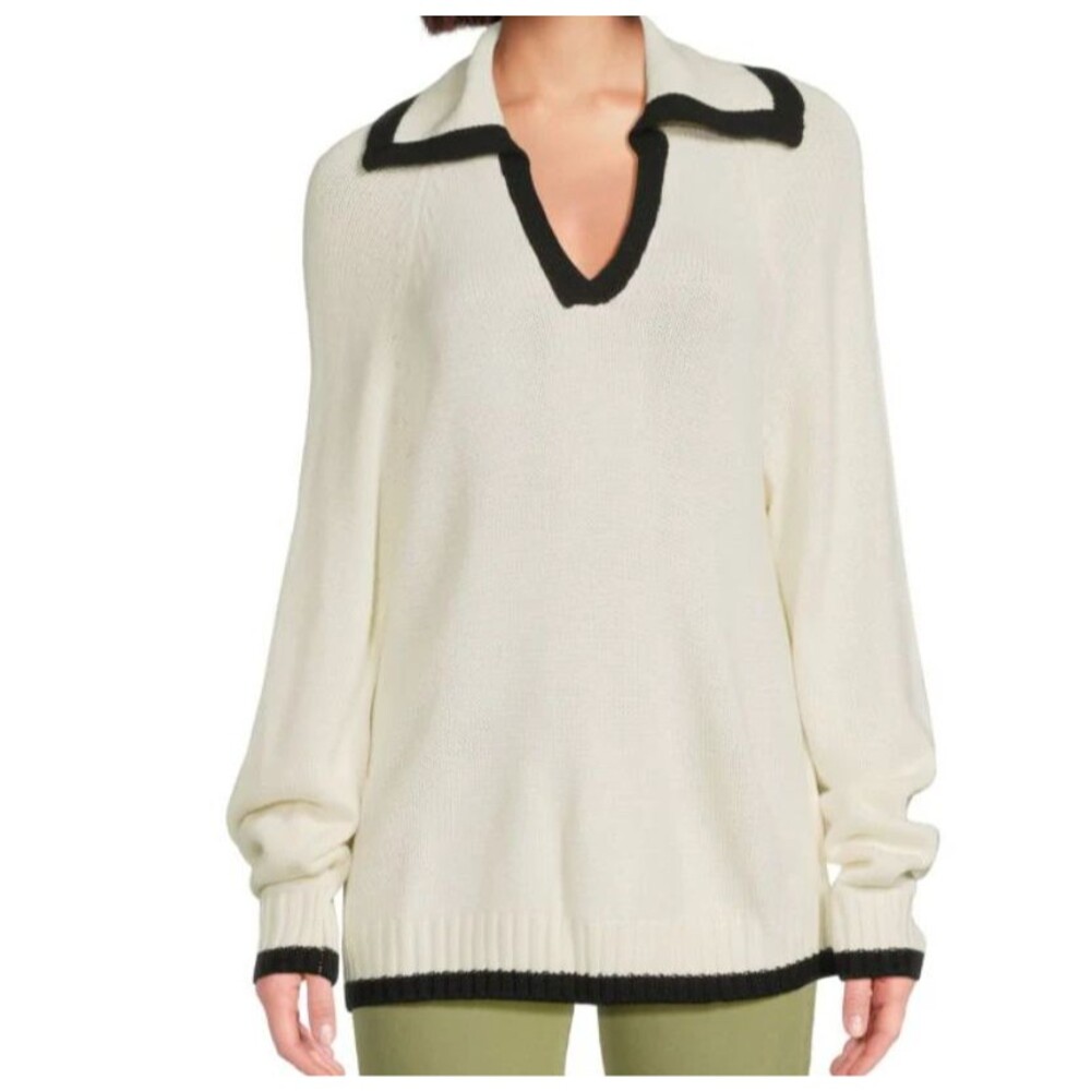 WeWoreWhat Sweater Contrast Trim Split Collar Ivory Black Oversized NWT - Medium